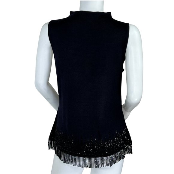 Adrianna Papell Beaded Hem Mock Neck Black Knit Sleeveless Sweater Top Petite M - Picture 3 of 5